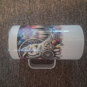 White Mug with Dreamcatcher and Wolf Design